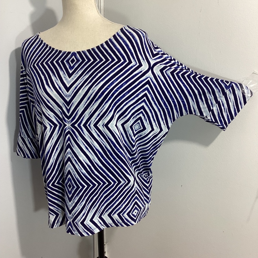 CHICO'S SIZE 3 (XL) JERSEY KNIT KIMONO TOP BLUE GEOMETRIC PRINT - Picture 7 of 10